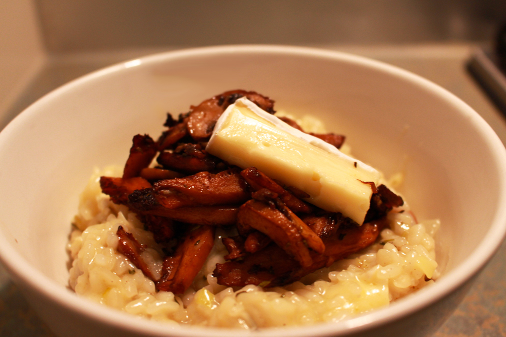 Roasted wild mushrooms with Camembert, leek and rosemary risotto
